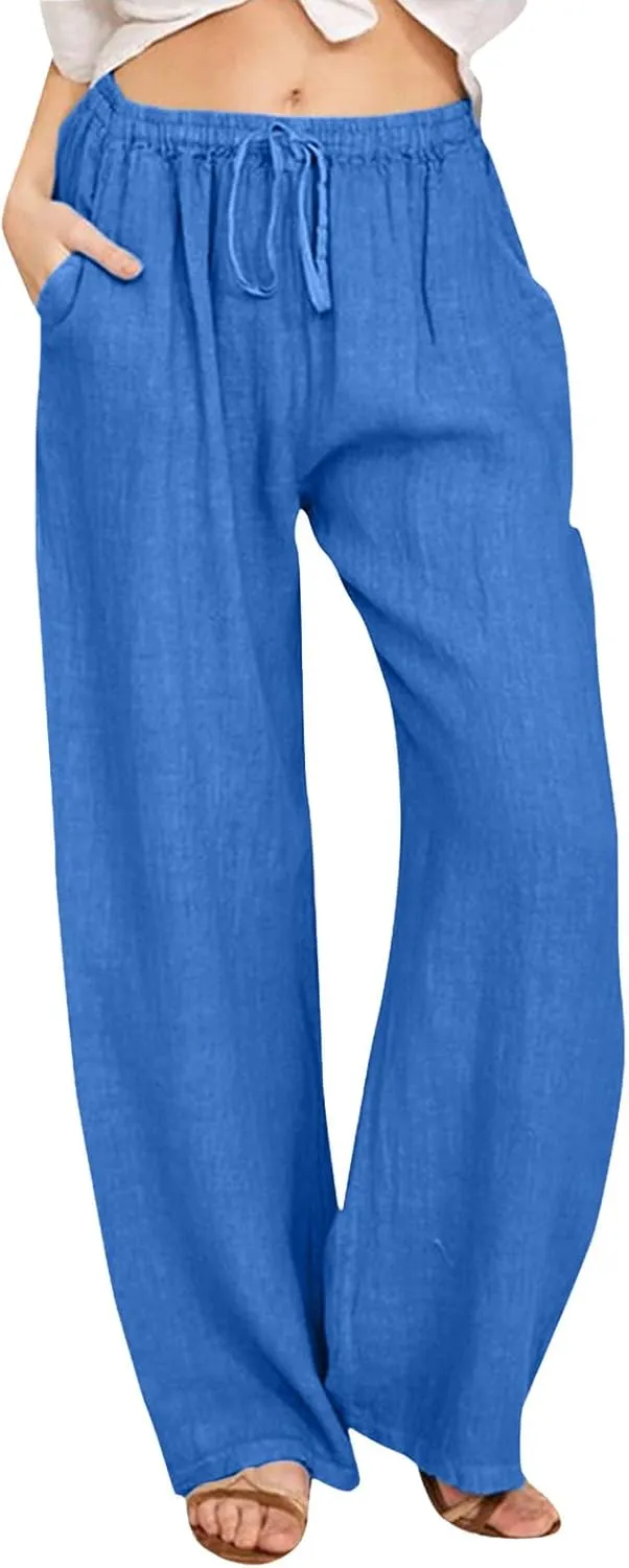 Women Linen Palazzo Pants Summer Cotton Flowy Pants Drawstring Wide Leg Lightweight Pants Cute Beach Loose Trousers