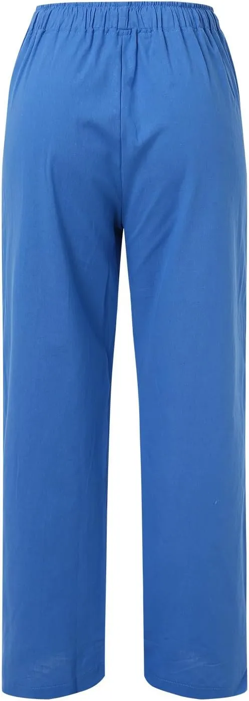 Women Linen Palazzo Pants Summer Cotton Flowy Pants Drawstring Wide Leg Lightweight Pants Cute Beach Loose Trousers