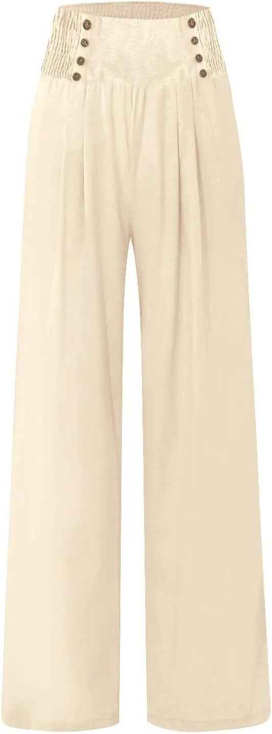 Women Linen Palazzo Pants Summer High Waist Wide Leg Flowy Smocked Pants Beach Vacation Clothes Casual Lounge Outfits