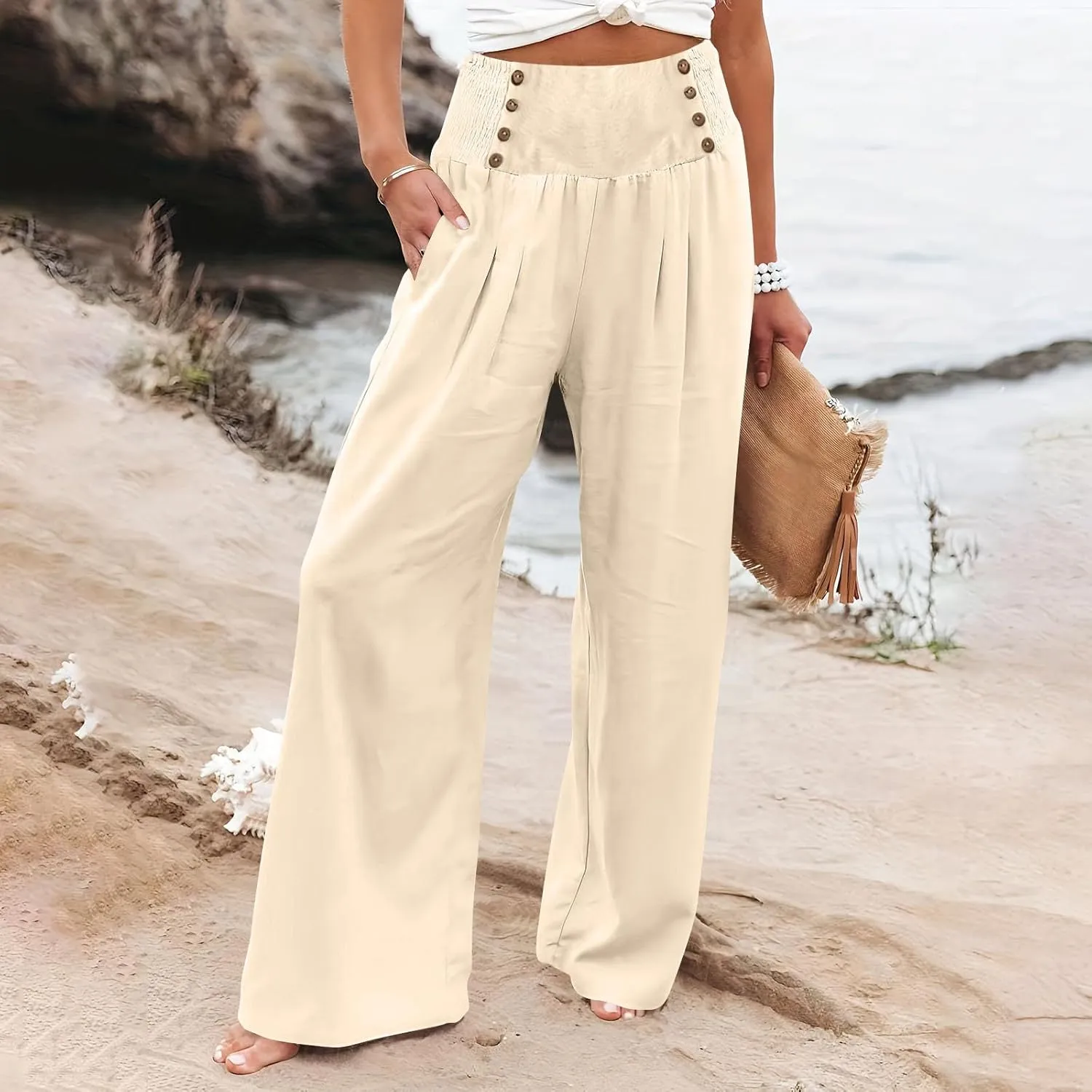 Women Linen Palazzo Pants Summer High Waist Wide Leg Flowy Smocked Pants Beach Vacation Clothes Casual Lounge Outfits