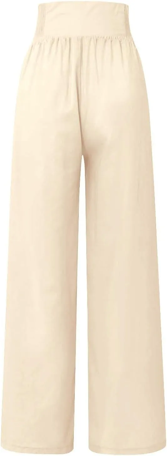 Women Linen Palazzo Pants Summer High Waist Wide Leg Flowy Smocked Pants Beach Vacation Clothes Casual Lounge Outfits