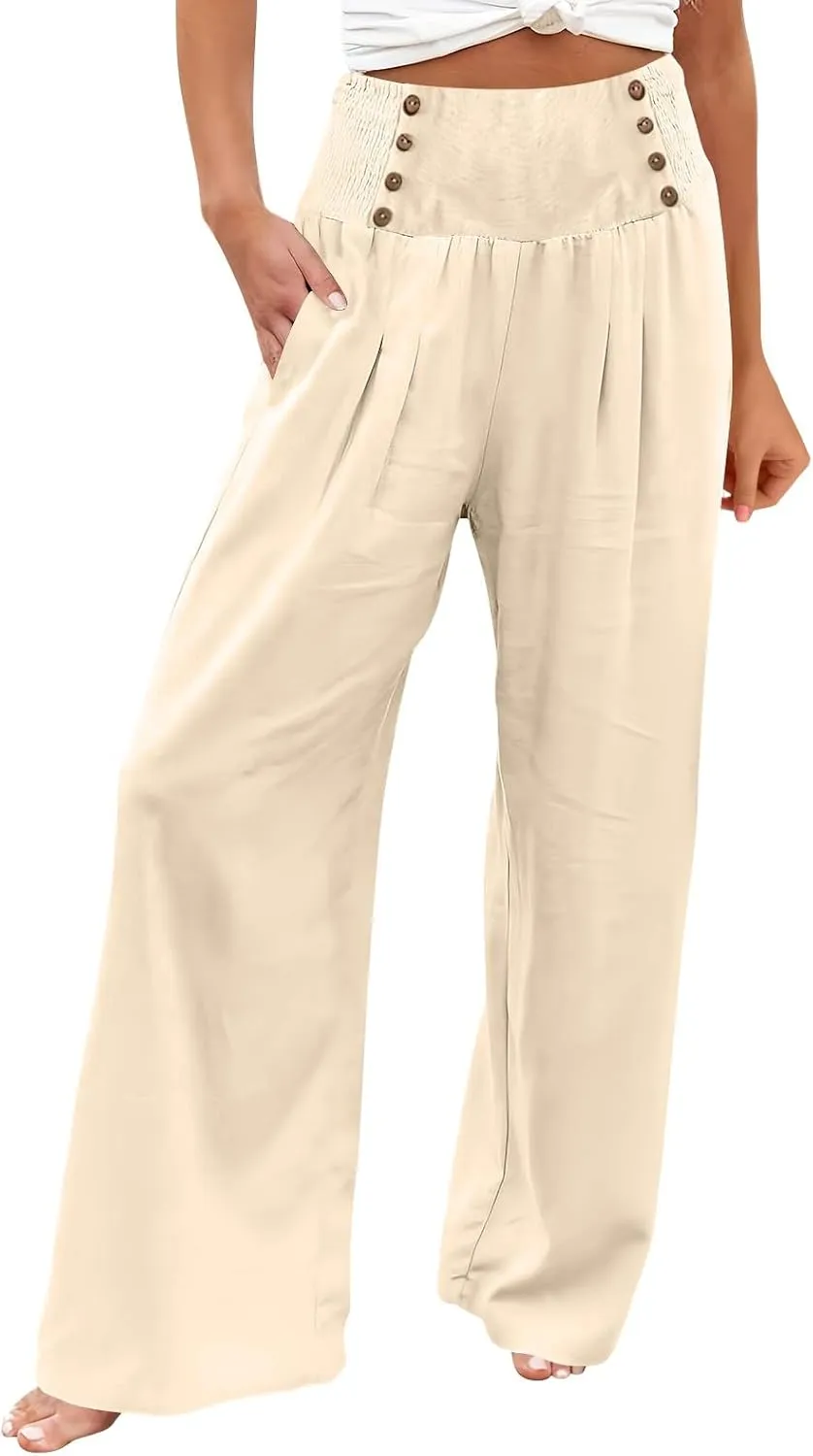 Women Linen Palazzo Pants Summer High Waist Wide Leg Flowy Smocked Pants Beach Vacation Clothes Casual Lounge Outfits