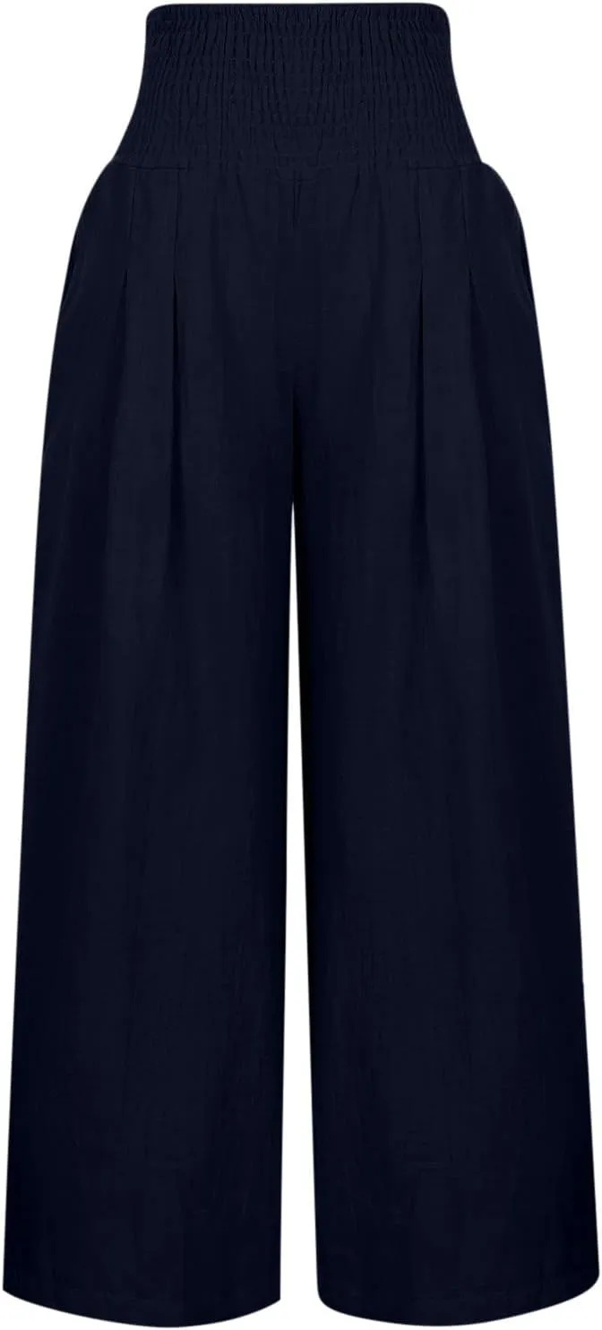 Women Linen Palazzo Pants Summer Wide Leg High Waisted Baggy Lounge Pants Trousers 2025 Beach Vacation Outfits