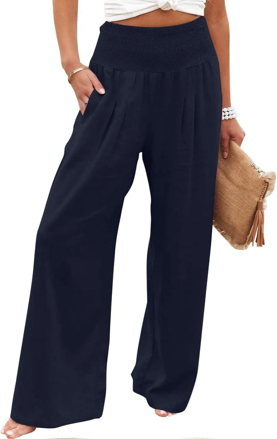 Women Linen Palazzo Pants Summer Wide Leg High Waisted Baggy Lounge Pants Trousers 2025 Beach Vacation Outfits