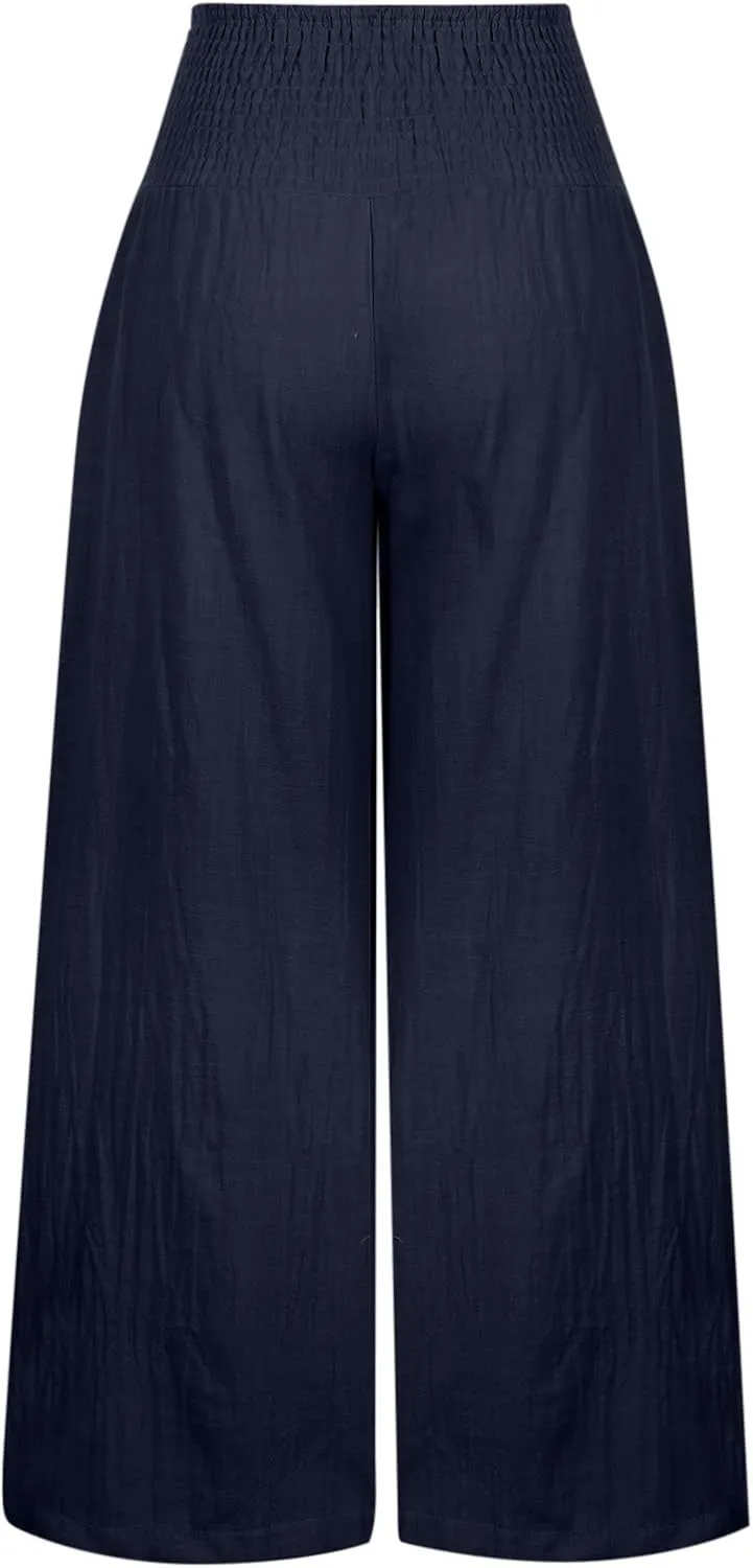 Women Linen Palazzo Pants Summer Wide Leg High Waisted Baggy Lounge Pants Trousers 2025 Beach Vacation Outfits