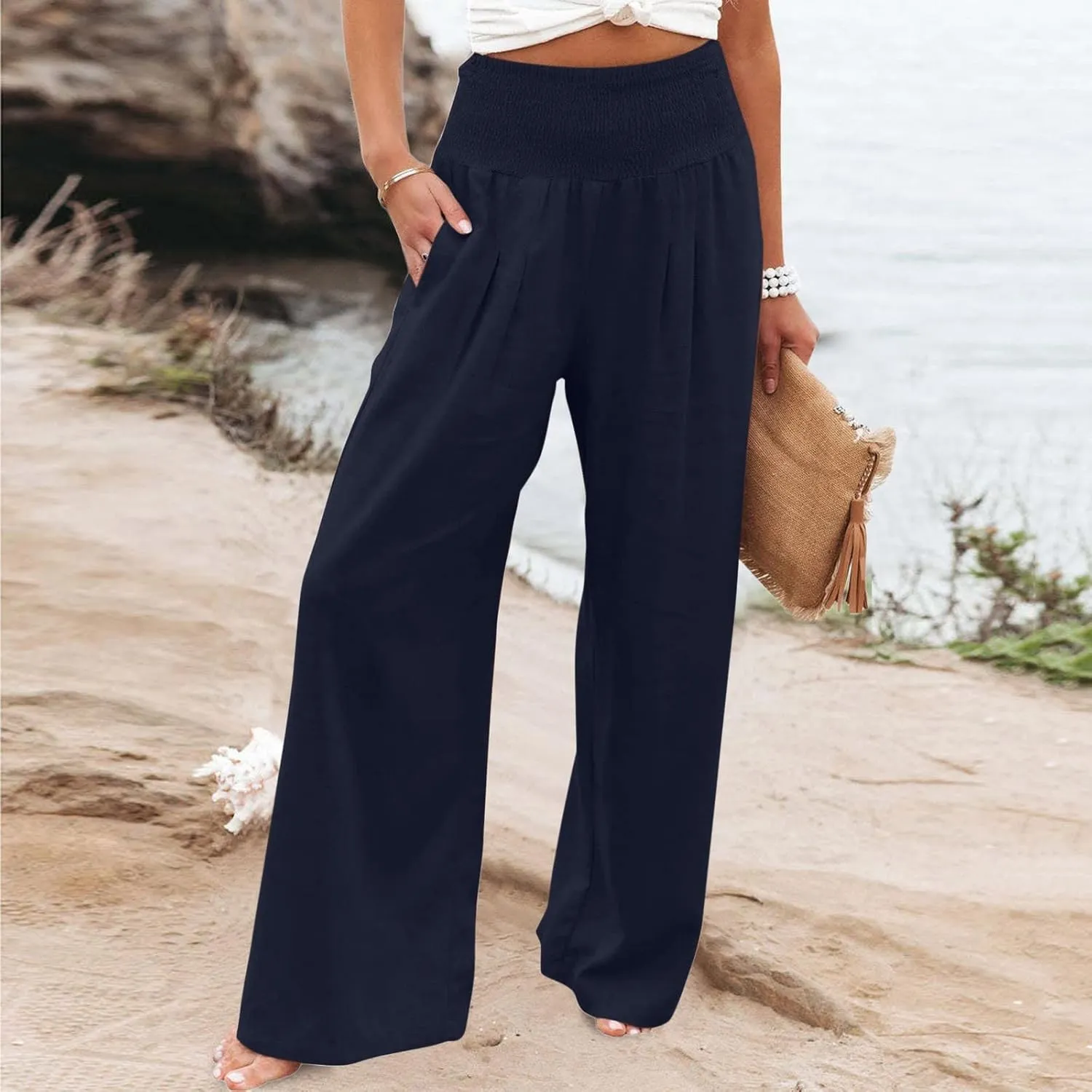 Women Linen Palazzo Pants Summer Wide Leg High Waisted Baggy Lounge Pants Trousers 2025 Beach Vacation Outfits