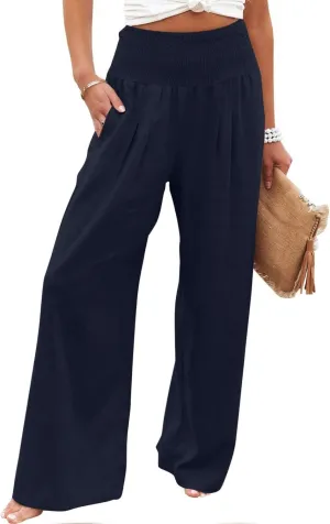 Women Linen Palazzo Pants Summer Wide Leg High Waisted Baggy Lounge Pants Trousers 2025 Beach Vacation Outfits