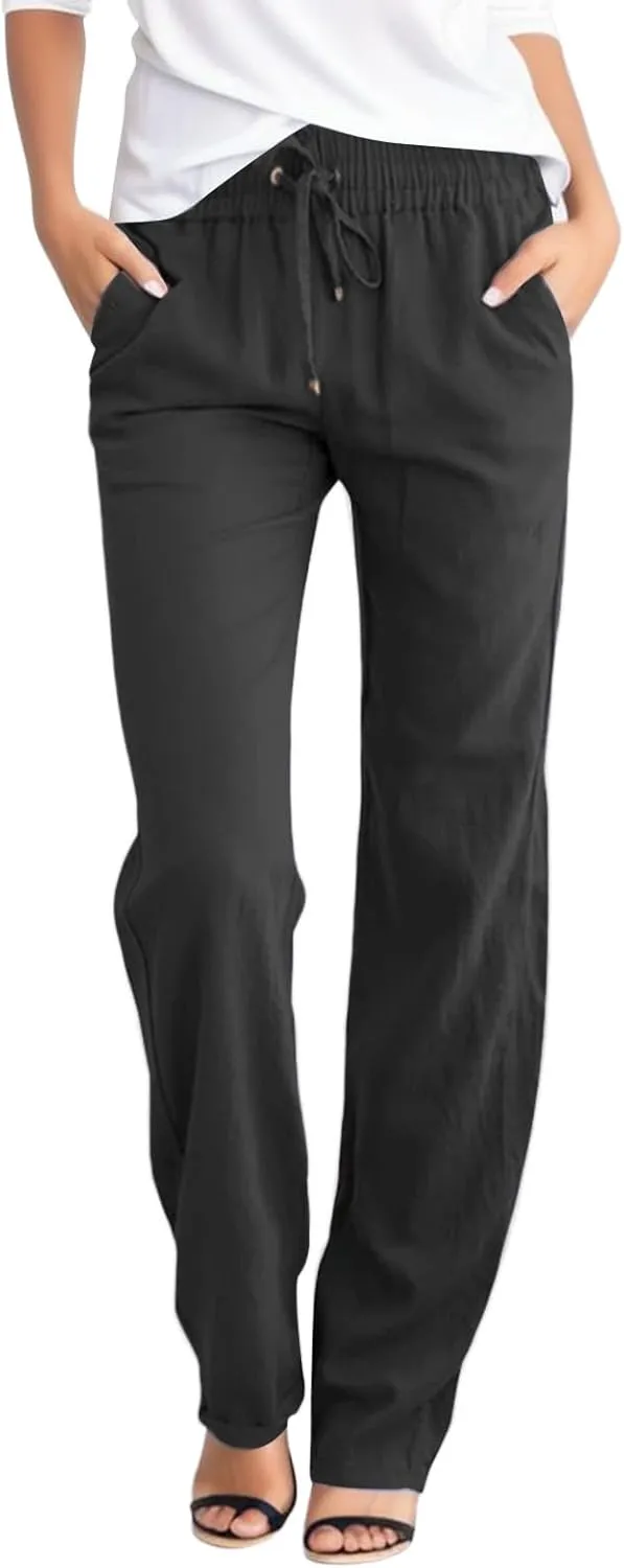 Women Linen Pants Beach Drawstring Joggers Cotton Loose Gauze Pants Summer Causal Lightweight Pants Wide Leg Trousers