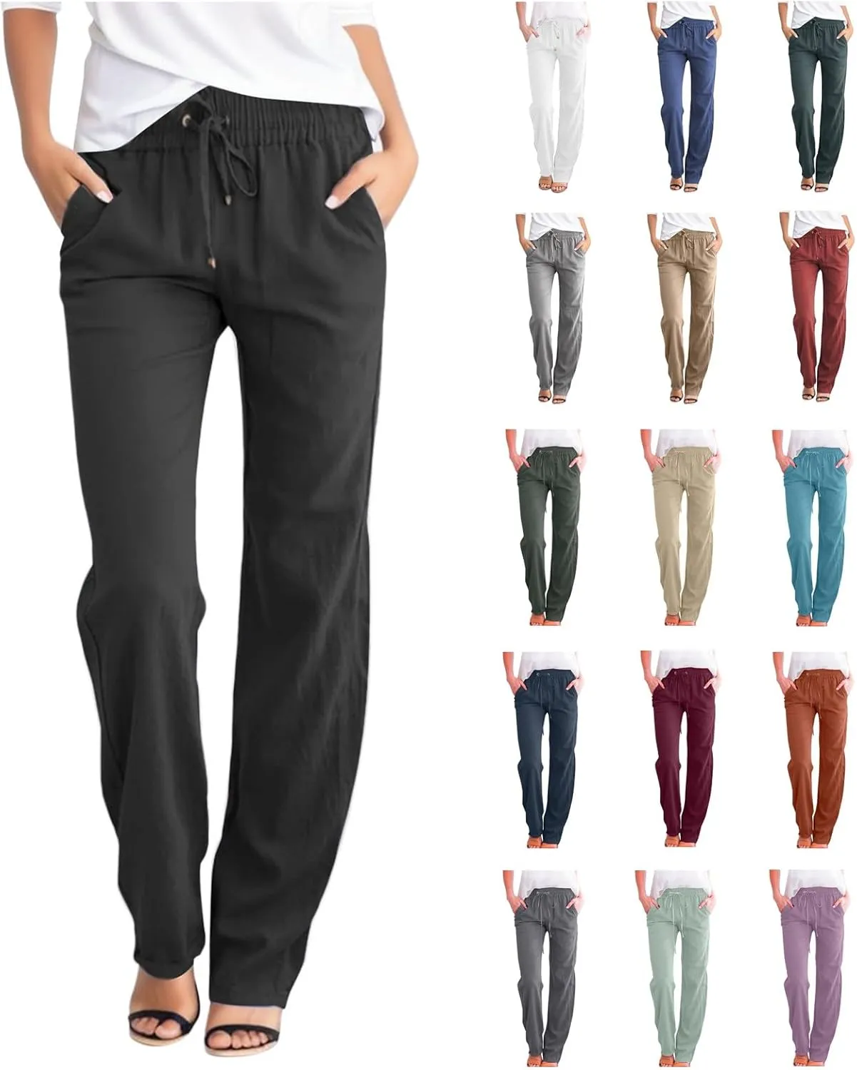 Women Linen Pants Beach Drawstring Joggers Cotton Loose Gauze Pants Summer Causal Lightweight Pants Wide Leg Trousers