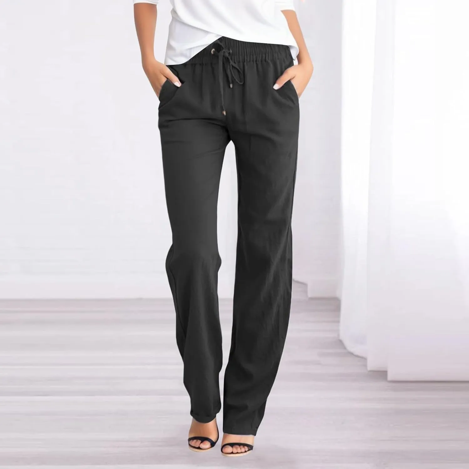 Women Linen Pants Beach Drawstring Joggers Cotton Loose Gauze Pants Summer Causal Lightweight Pants Wide Leg Trousers