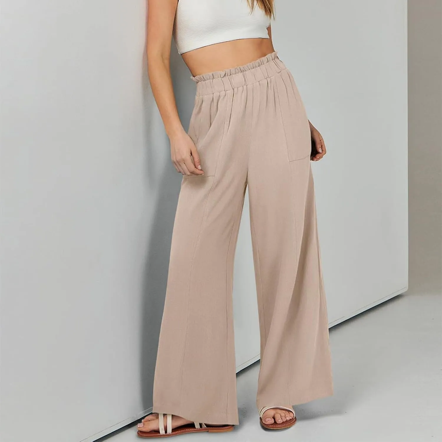 Women Linen Pants Summer Wide Leg Pants with Pockets Ruffle Palazzo Pants Flowy Boho Beach Pants Lounge Pant
