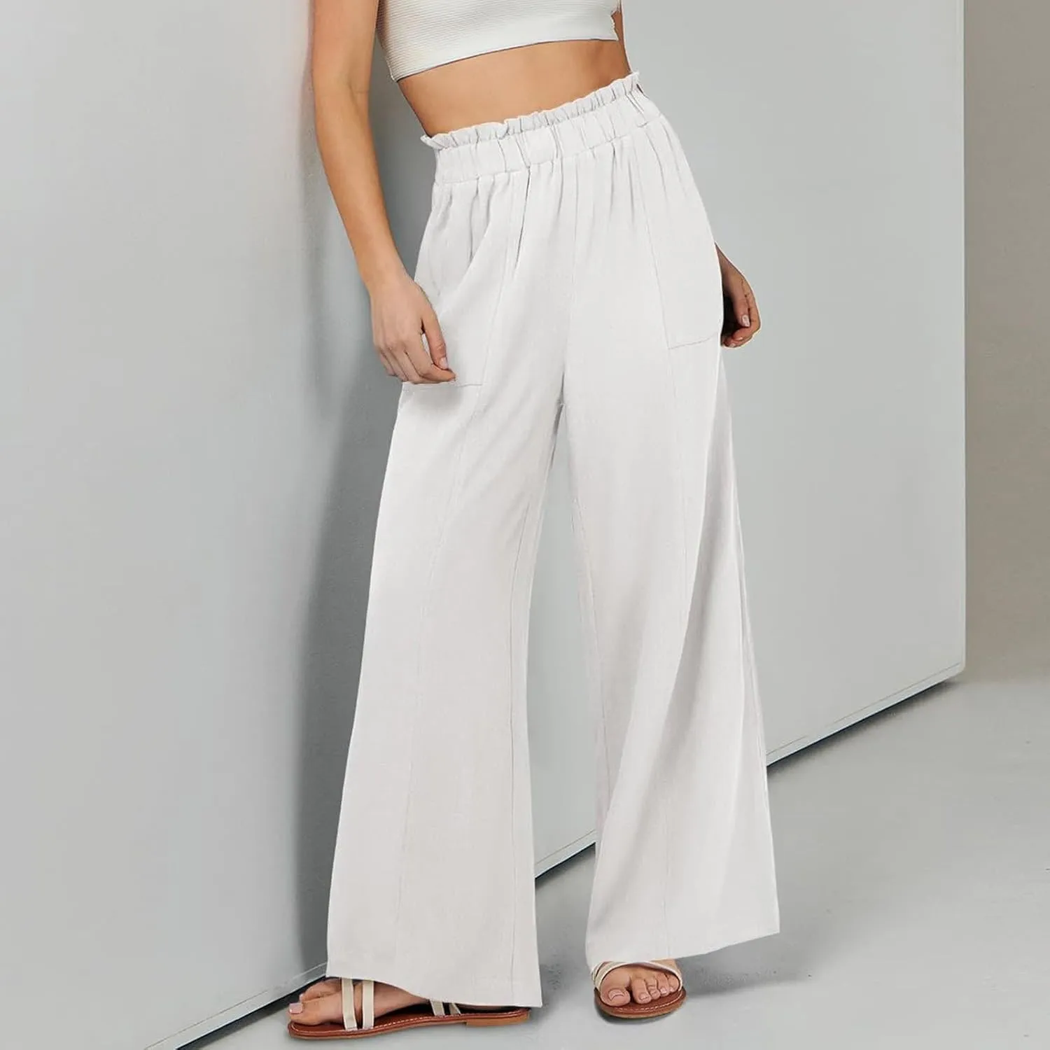 Women Linen Pants Summer Wide Leg Pants with Pockets Ruffle Palazzo Pants Flowy Boho Beach Pants Lounge Pant