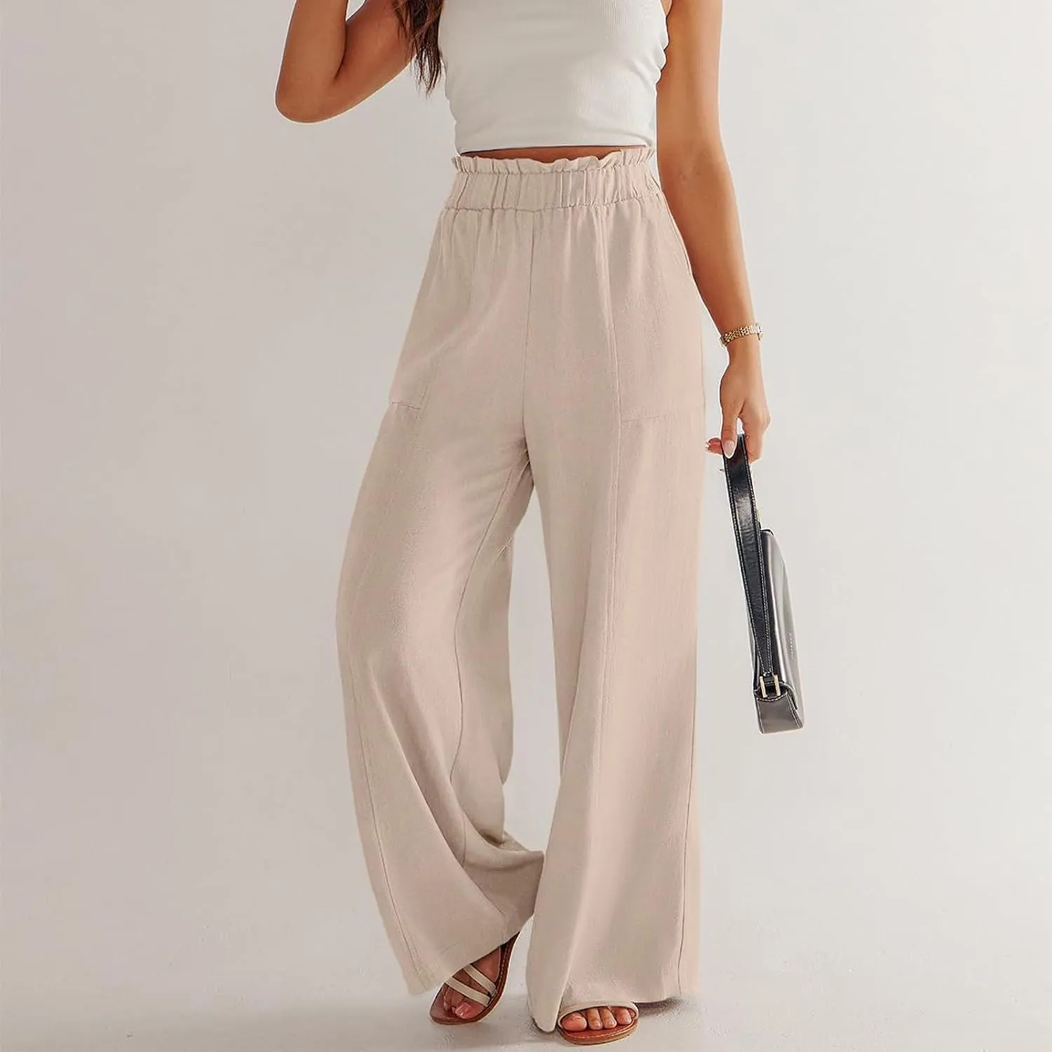 Women Linen Pants Summer Wide Leg Pants with Pockets Ruffle Palazzo Pants Flowy Boho Beach Pants Lounge Pant