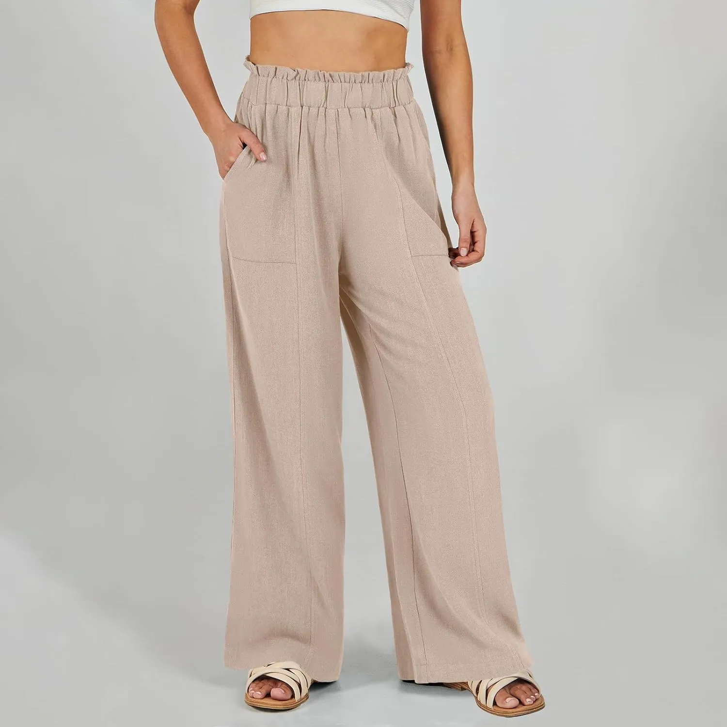 Women Linen Pants Summer Wide Leg Pants with Pockets Ruffle Palazzo Pants Flowy Boho Beach Pants Lounge Pant