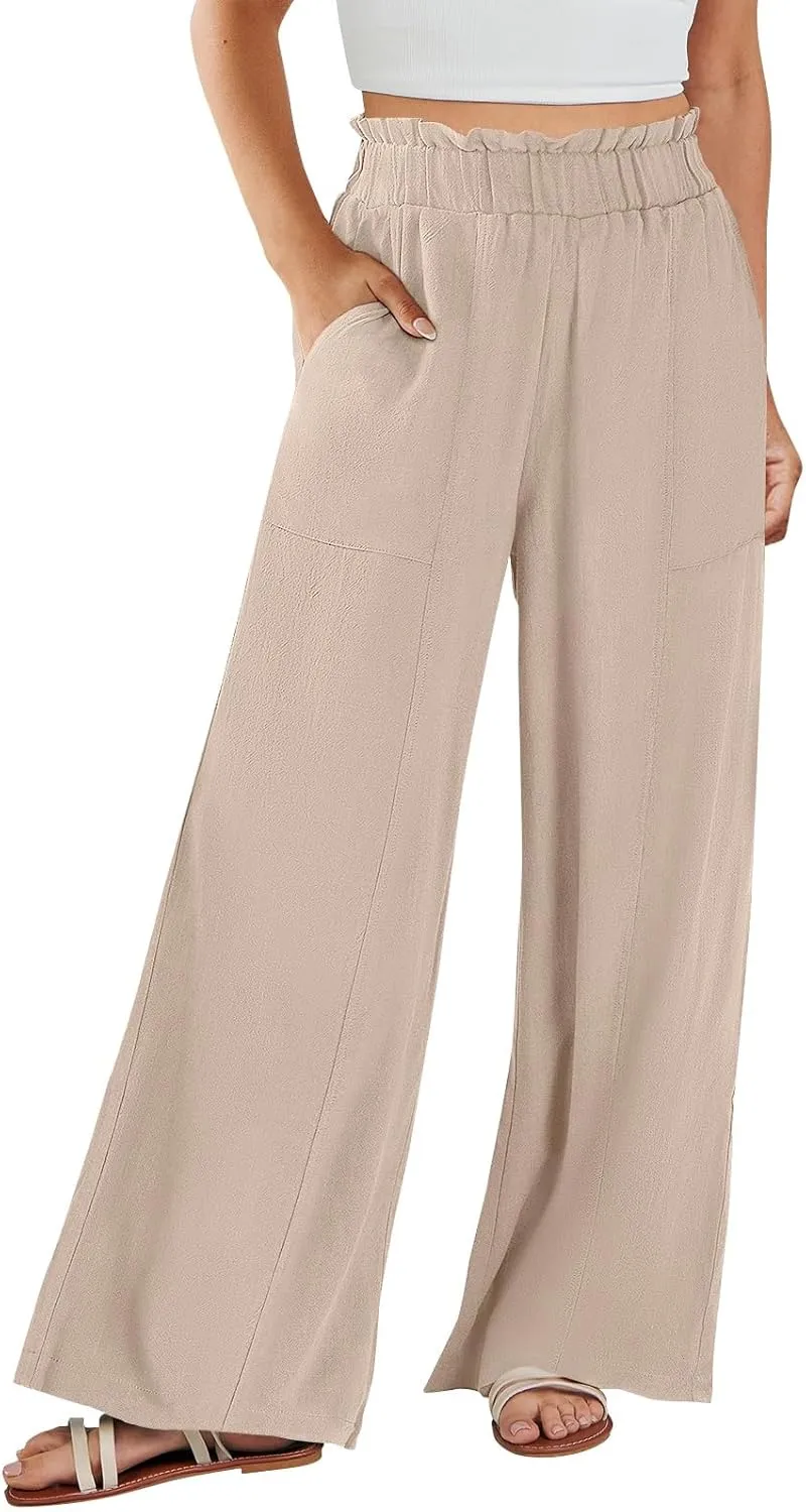 Women Linen Pants Summer Wide Leg Pants with Pockets Ruffle Palazzo Pants Flowy Boho Beach Pants Lounge Pant