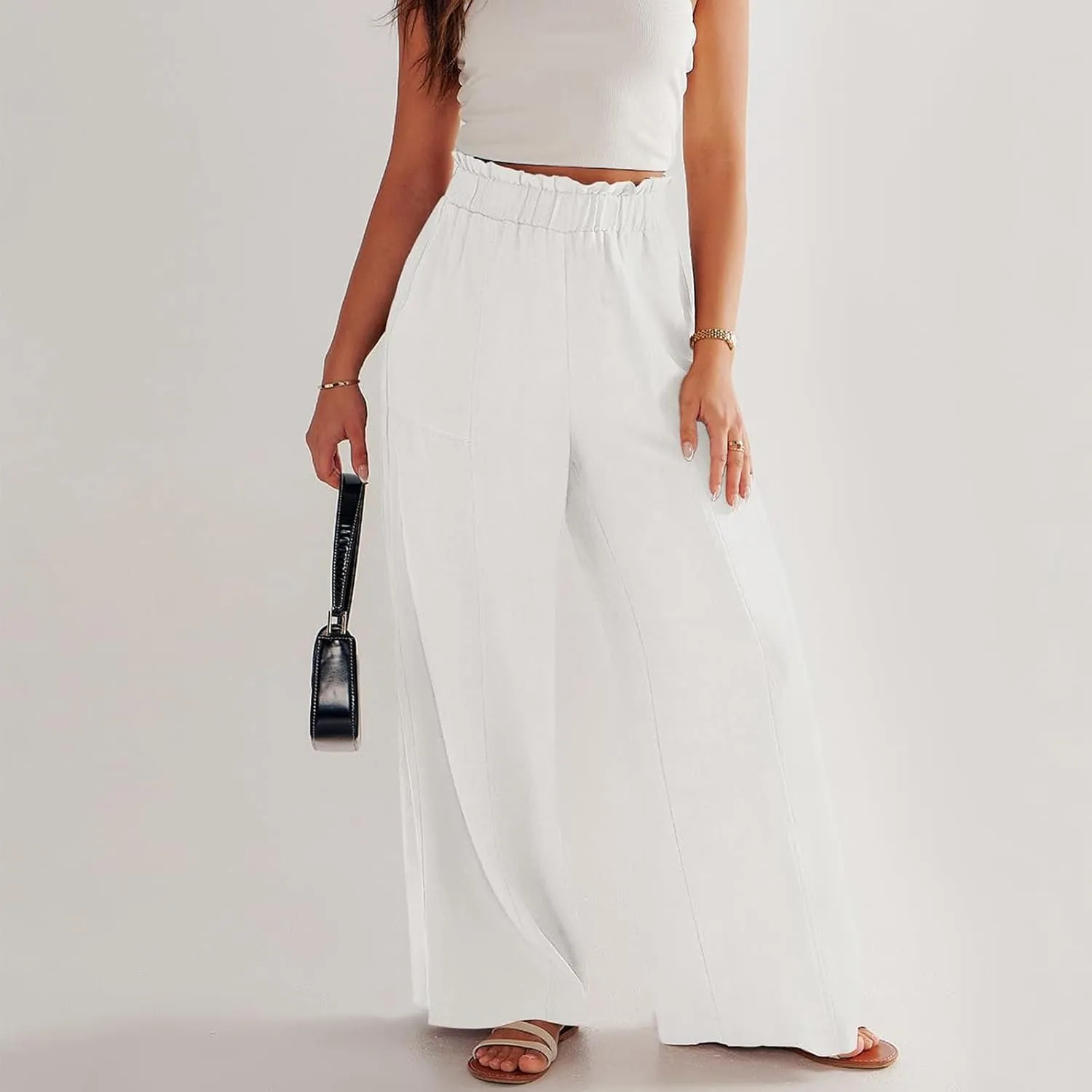 Women Linen Pants Summer Wide Leg Pants with Pockets Ruffle Palazzo Pants Flowy Boho Beach Pants Lounge Pant