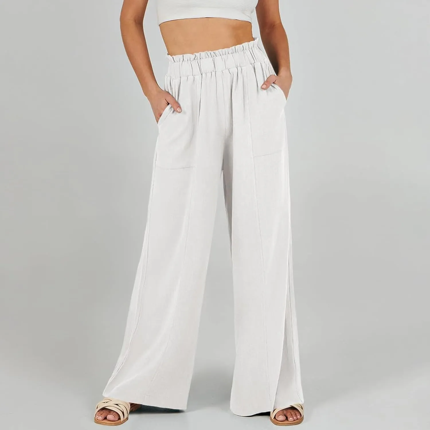 Women Linen Pants Summer Wide Leg Pants with Pockets Ruffle Palazzo Pants Flowy Boho Beach Pants Lounge Pant