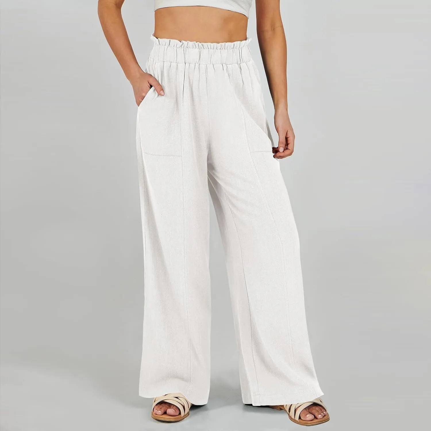 Women Linen Pants Summer Wide Leg Pants with Pockets Ruffle Palazzo Pants Flowy Boho Beach Pants Lounge Pant