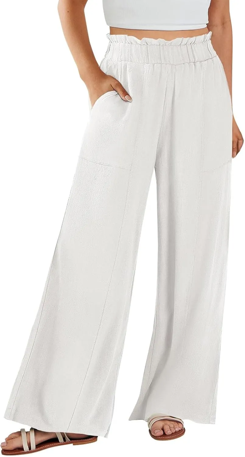 Women Linen Pants Summer Wide Leg Pants with Pockets Ruffle Palazzo Pants Flowy Boho Beach Pants Lounge Pant