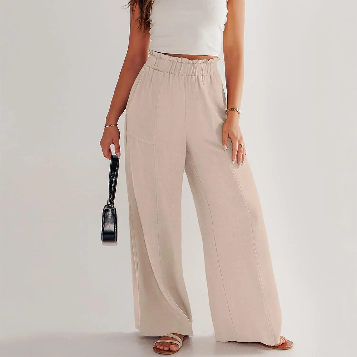 Women Linen Pants Summer Wide Leg Pants with Pockets Ruffle Palazzo Pants Flowy Boho Beach Pants Lounge Pant