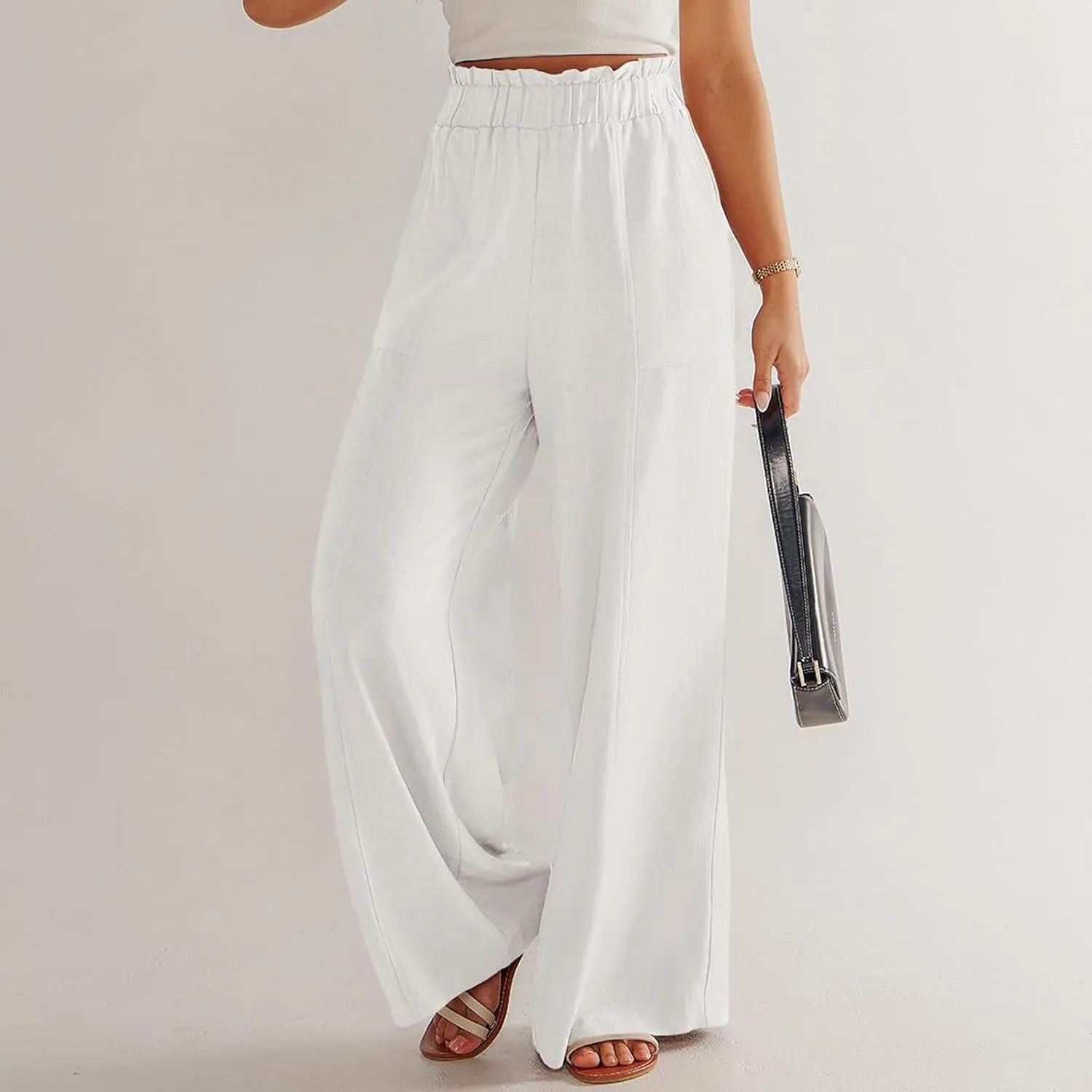 Women Linen Pants Summer Wide Leg Pants with Pockets Ruffle Palazzo Pants Flowy Boho Beach Pants Lounge Pant