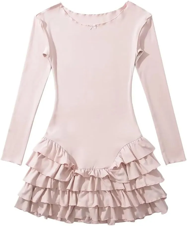 Women Long Sleeve O Neck Ruffle Dresses Basics Sexy Mini Dress