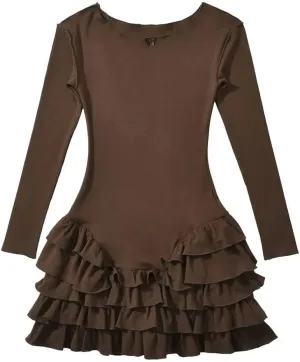 Women Long Sleeve O Neck Ruffle Dresses Basics Sexy Mini Dress