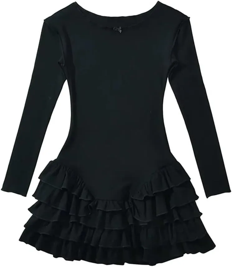 Women Long Sleeve O Neck Ruffle Dresses Basics Sexy Mini Dress