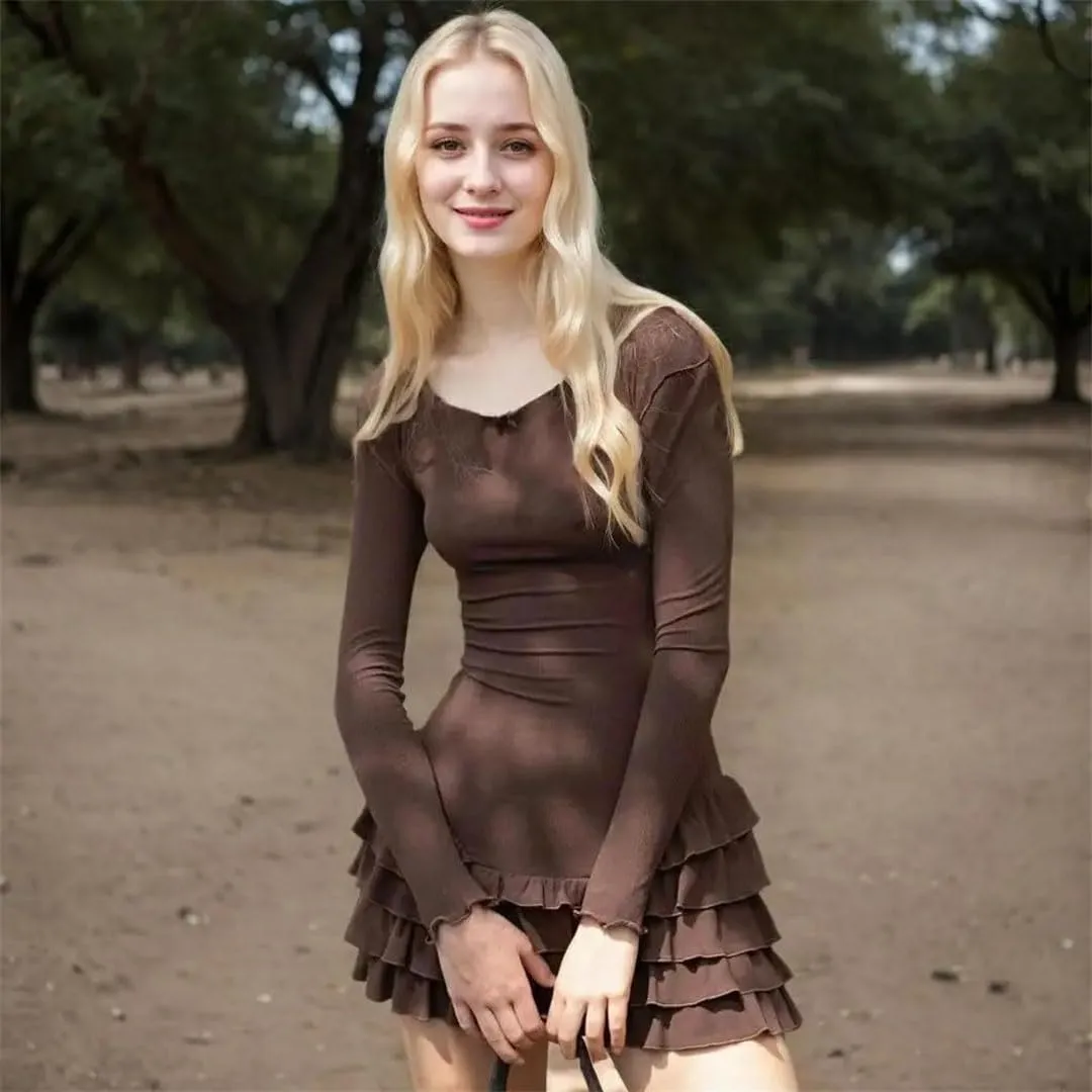 Women Long Sleeve O Neck Ruffle Dresses Basics Sexy Mini Dress