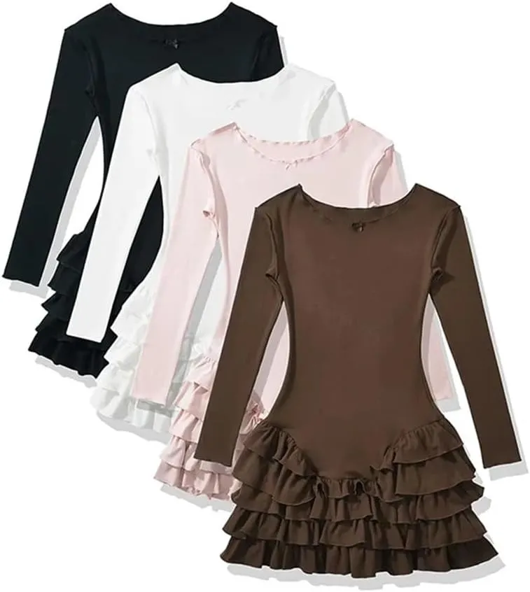 Women Long Sleeve O Neck Ruffle Dresses Basics Sexy Mini Dress
