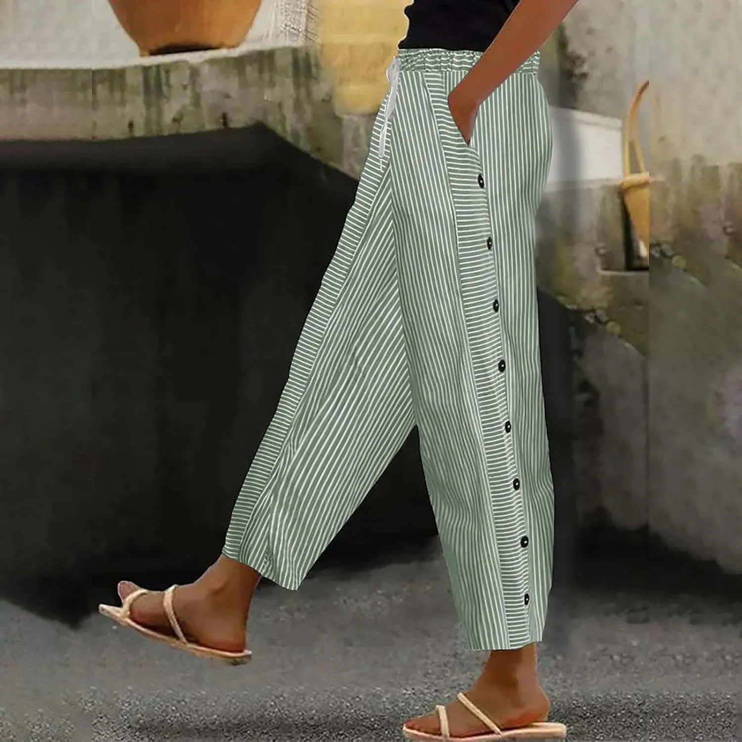 Women Oversized Striped Cropped Pants Office Work Business Trendy High Waisted Trouser Sport Jogger Casual Sweatpants