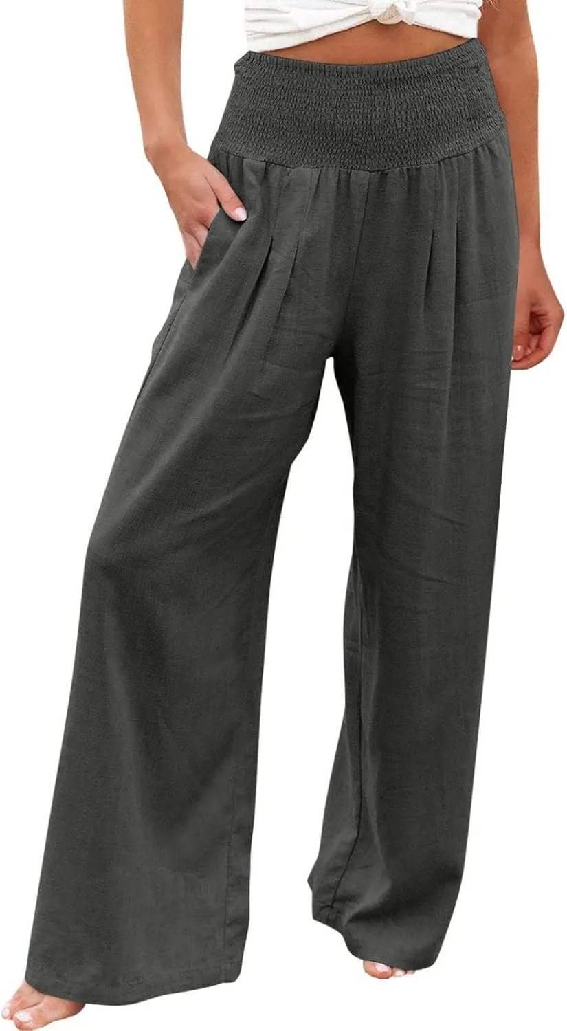 Women Palazzo High Waisted Linen Pants Casual Elastic Waist Wide Leg Pants Trousers Baggy Slacks with Pockets