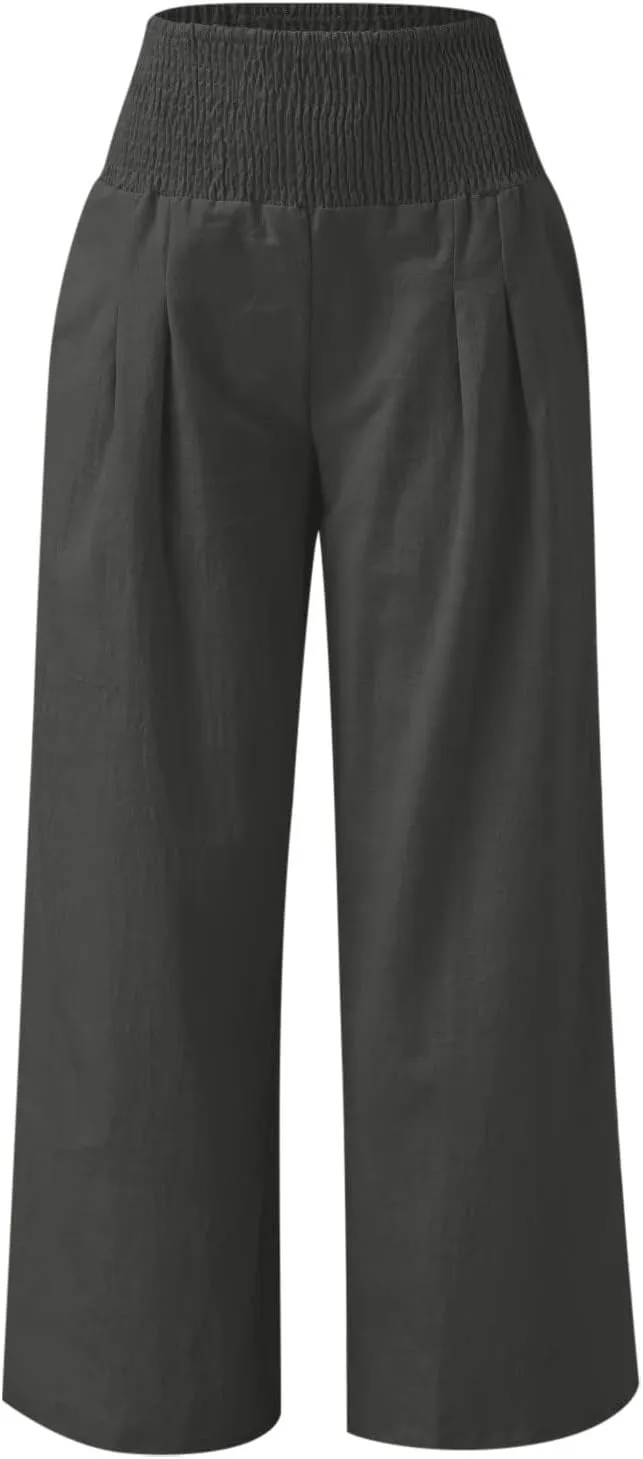 Women Palazzo High Waisted Linen Pants Casual Elastic Waist Wide Leg Pants Trousers Baggy Slacks with Pockets