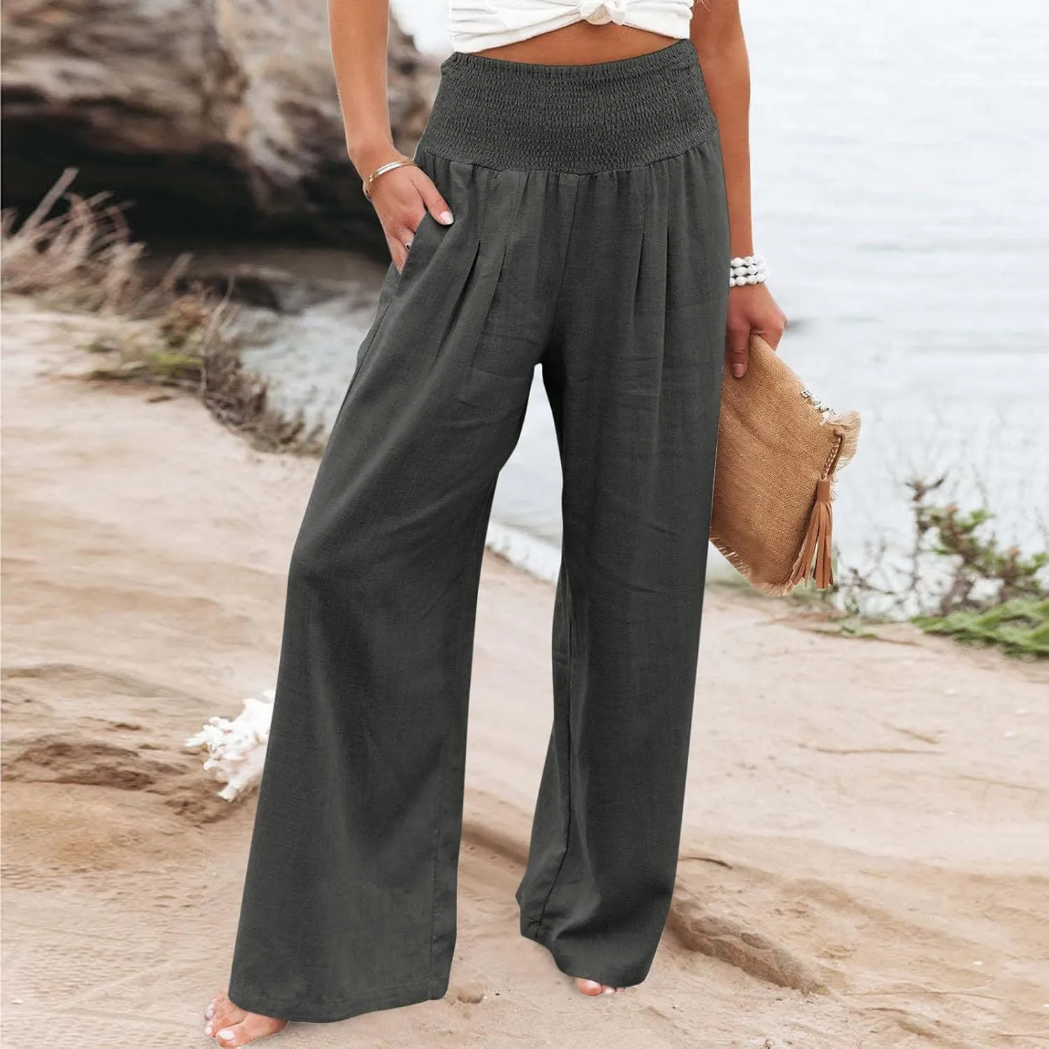 Women Palazzo High Waisted Linen Pants Casual Elastic Waist Wide Leg Pants Trousers Baggy Slacks with Pockets