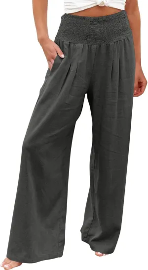 Women Palazzo High Waisted Linen Pants Casual Elastic Waist Wide Leg Pants Trousers Baggy Slacks with Pockets