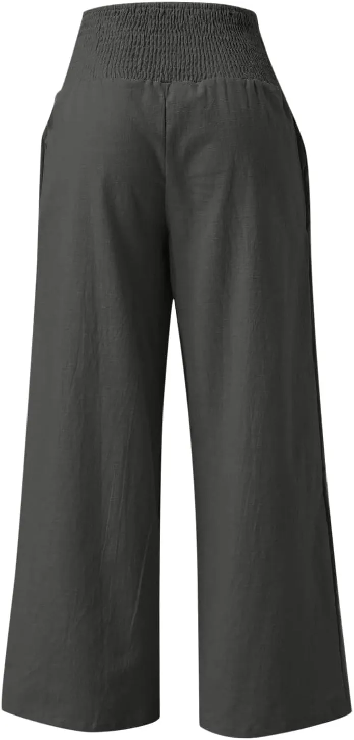 Women Palazzo High Waisted Linen Pants Casual Elastic Waist Wide Leg Pants Trousers Baggy Slacks with Pockets