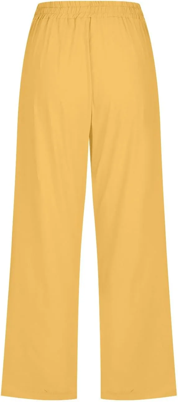 Women Plus Size Cotton Linen Capris Pants Drawstring Elastic High Waist Wide Leg Cropped Pants Lounge Trousers Slacks