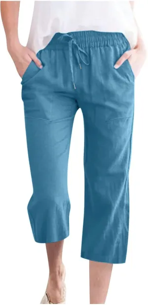 Women Plus Size Cotton Linen Capris Pants Drawstring Elastic High Waist Wide Leg Cropped Pants Lounge Trousers Slacks