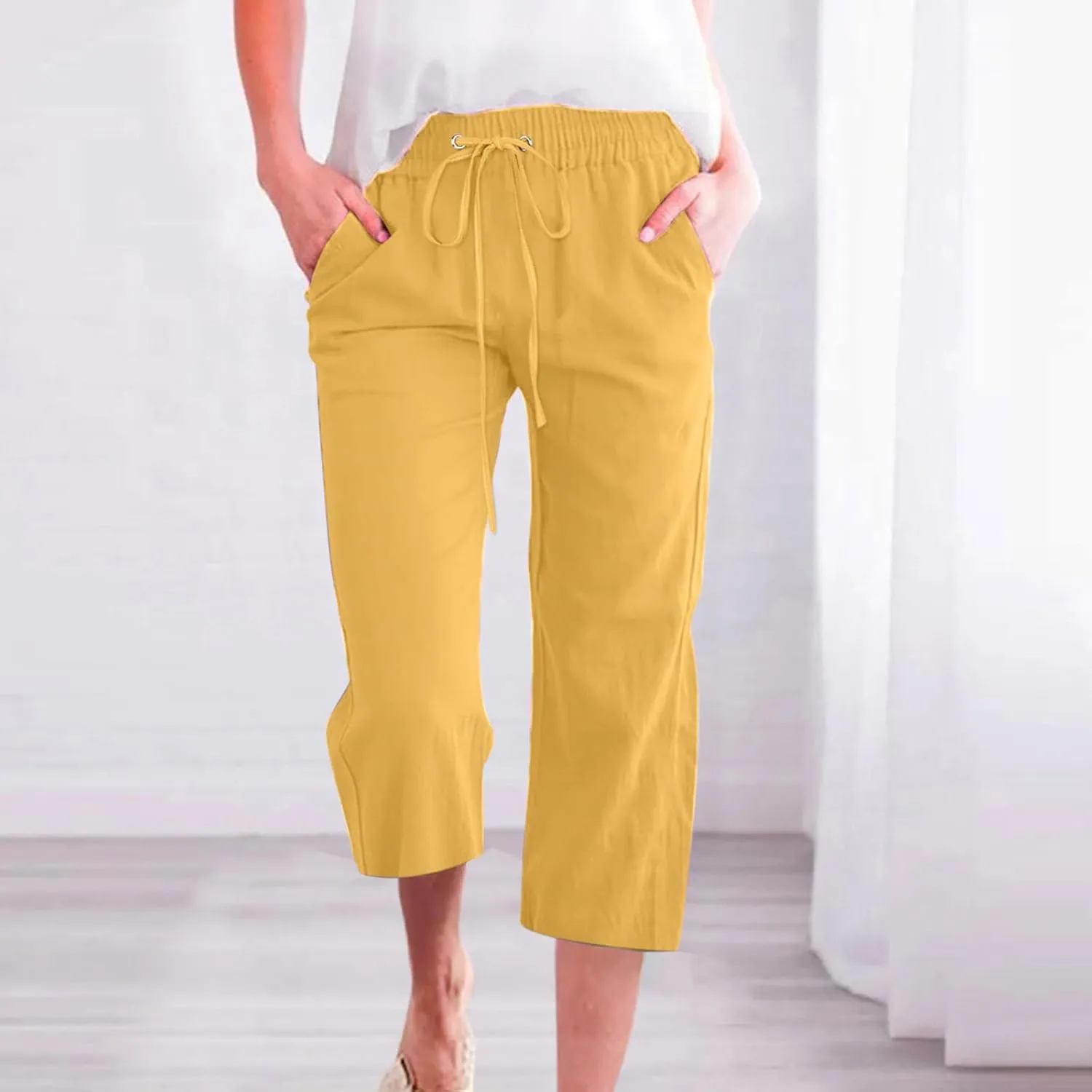 Women Plus Size Cotton Linen Capris Pants Drawstring Elastic High Waist Wide Leg Cropped Pants Lounge Trousers Slacks