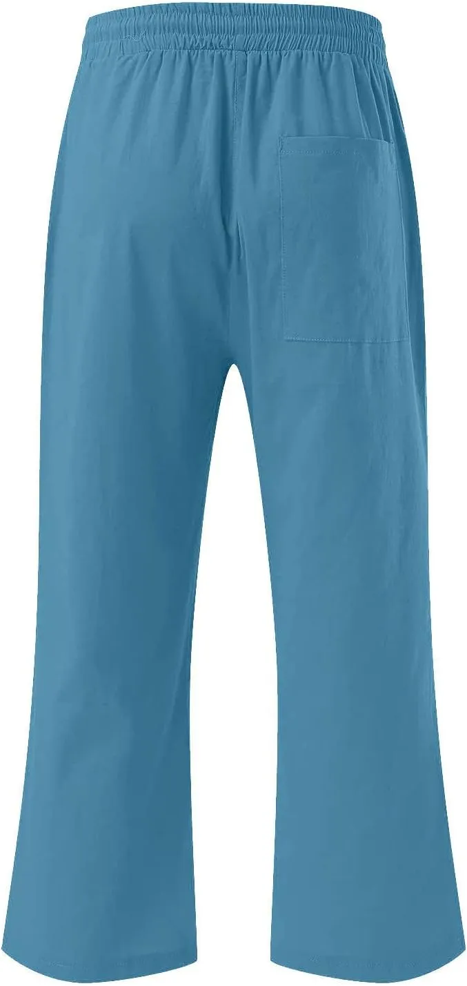 Women Plus Size Cotton Linen Capris Pants Drawstring Elastic High Waist Wide Leg Cropped Pants Lounge Trousers Slacks