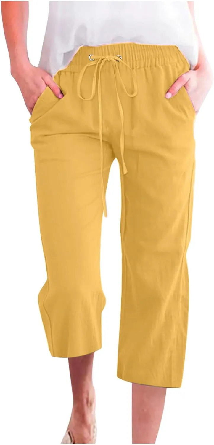 Women Plus Size Cotton Linen Capris Pants Drawstring Elastic High Waist Wide Leg Cropped Pants Lounge Trousers Slacks