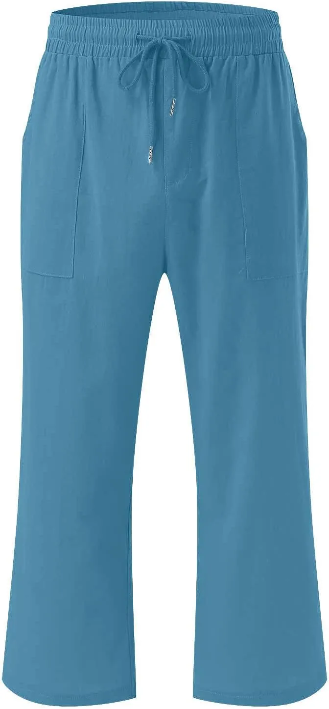 Women Plus Size Cotton Linen Capris Pants Drawstring Elastic High Waist Wide Leg Cropped Pants Lounge Trousers Slacks