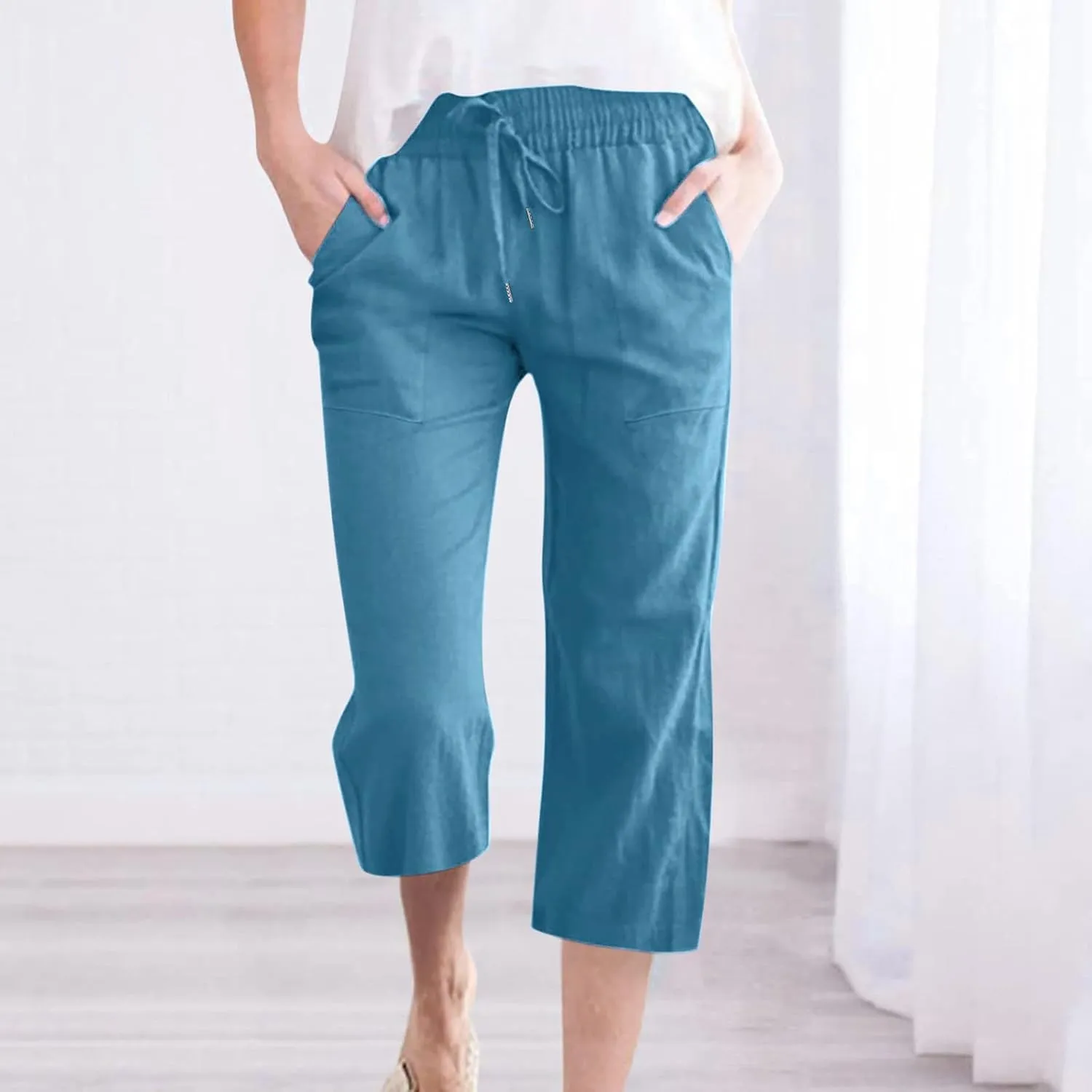 Women Plus Size Cotton Linen Capris Pants Drawstring Elastic High Waist Wide Leg Cropped Pants Lounge Trousers Slacks