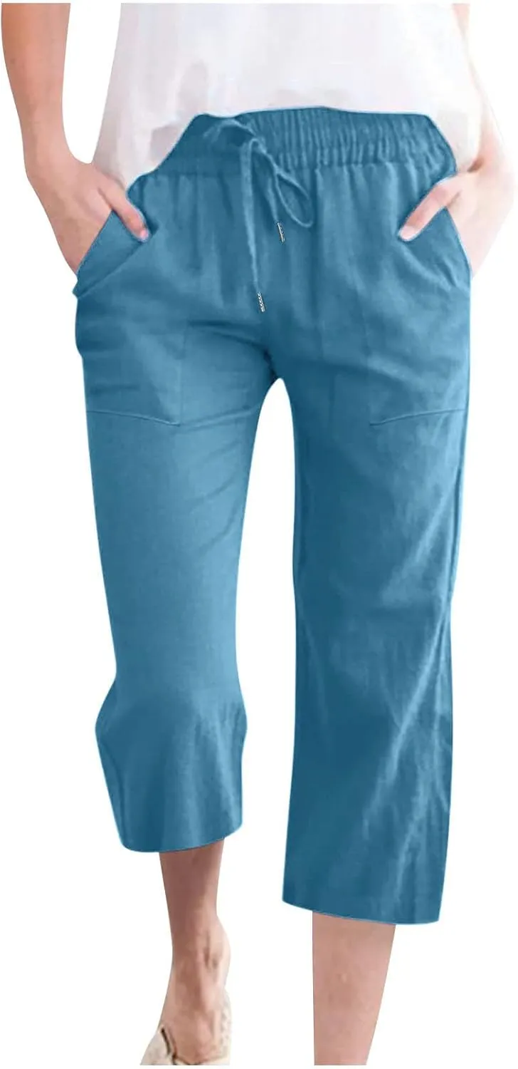 Women Plus Size Cotton Linen Capris Pants Drawstring Elastic High Waist Wide Leg Cropped Pants Lounge Trousers Slacks