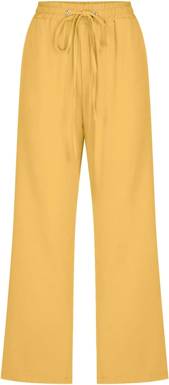 Women Plus Size Cotton Linen Capris Pants Drawstring Elastic High Waist Wide Leg Cropped Pants Lounge Trousers Slacks
