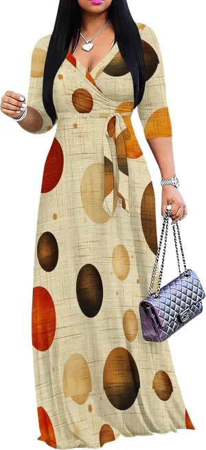 Women Plus Size Maxi Dress Sexy V Neck 3/4 Sleeves Floral Print A Line Long Dresses Printed Swing Sundress with Belt