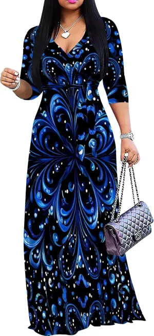 Women Plus Size Maxi Dress Sexy V Neck 3/4 Sleeves Floral Print A Line Long Dresses Printed Swing Sundress with Belt