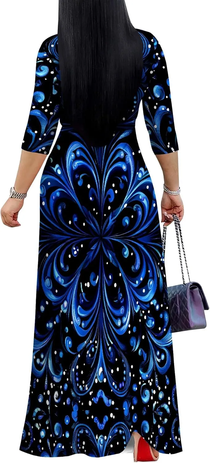 Women Plus Size Maxi Dress Sexy V Neck 3/4 Sleeves Floral Print A Line Long Dresses Printed Swing Sundress with Belt