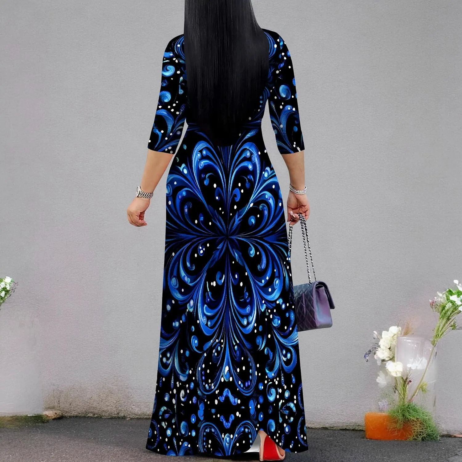 Women Plus Size Maxi Dress Sexy V Neck 3/4 Sleeves Floral Print A Line Long Dresses Printed Swing Sundress with Belt