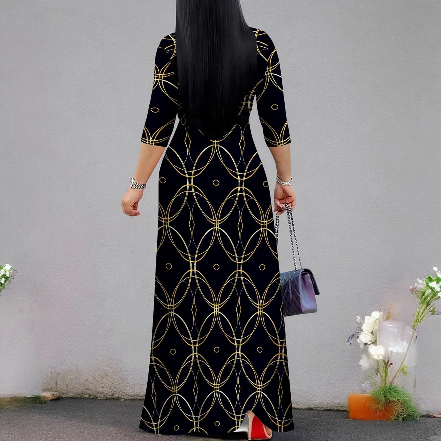 Women Plus Size Maxi Dress Sexy V Neck 3/4 Sleeves Floral Print A Line Long Dresses Printed Swing Sundress with Belt